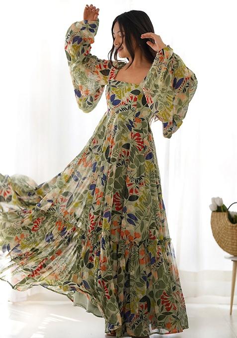 Multicolour Floral Print Faux Georgette Gown