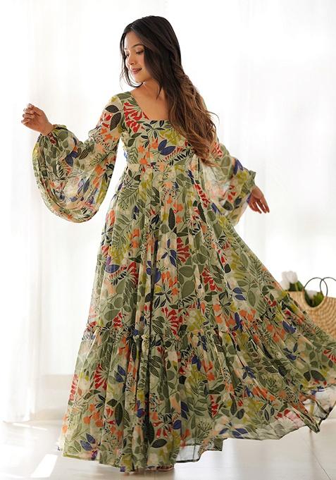 Multicolour Floral Print Faux Georgette Gown