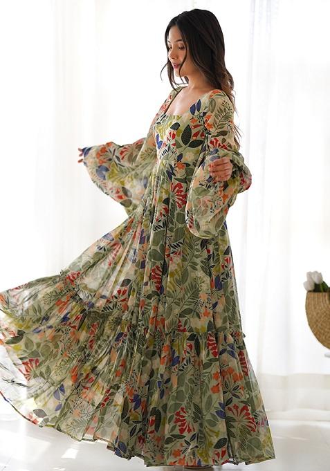 Multicolour Floral Print Faux Georgette Gown