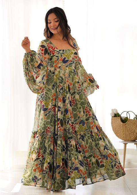 Multicolour Floral Print Faux Georgette Gown