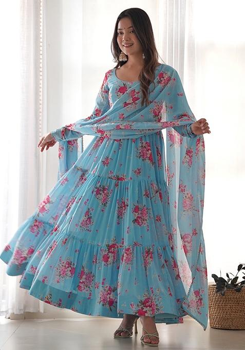 Sky Blue Floral Print Faux Georgette Kurta Set