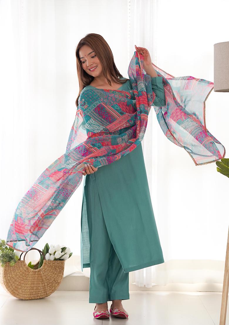 Sea Green Solid Viscose Kurta Set