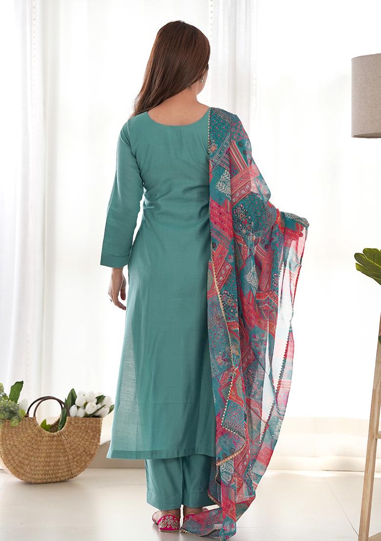 Sea Green Solid Viscose Kurta Set