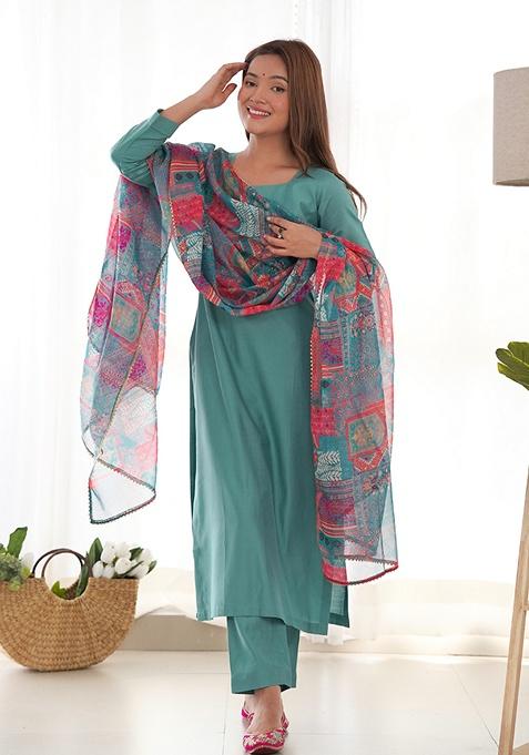 Sea Green Solid Viscose Kurta Set