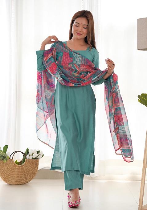Sea Green Solid Viscose Kurta Set