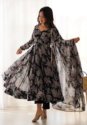 Black Floral Print Faux Georgette Kurta Set