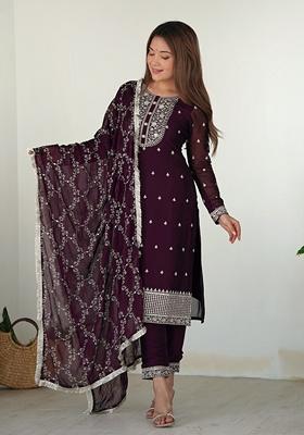 Wine Embroidered Silk Kurta Set