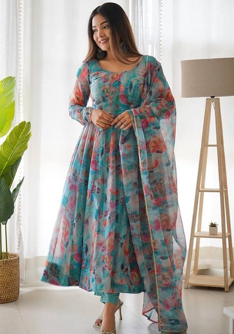 Sky Blue Printed Organza Silk Kurta Set