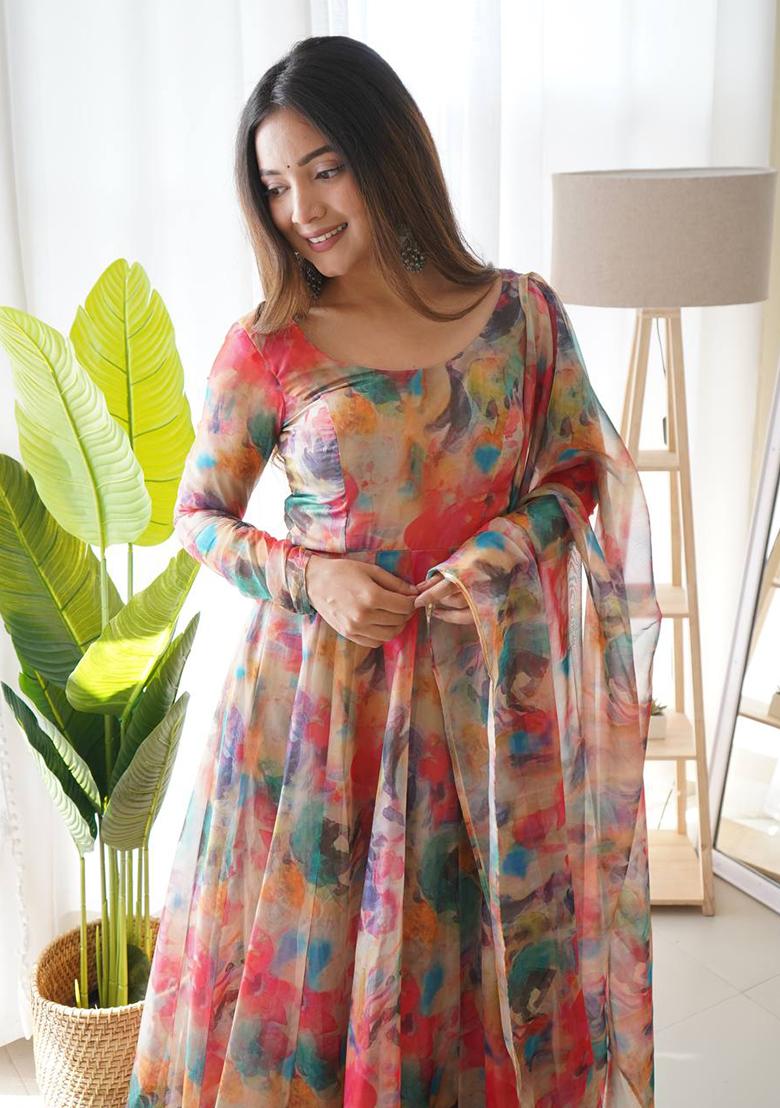 Red Printed Organza Silk Kurta Set