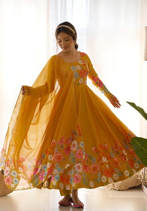 Yellow Printed Organza Silk Kurta Set