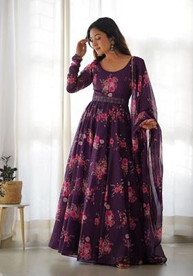Wine Floral Print Organza Silk Kurta Set