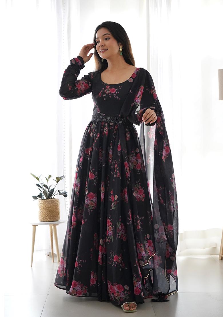 Black Floral Print Organza Silk Kurta Set