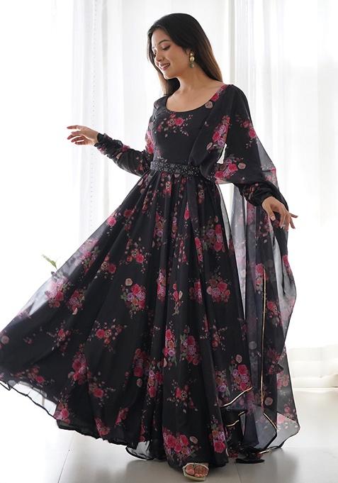 Black Floral Print Organza Silk Kurta Set