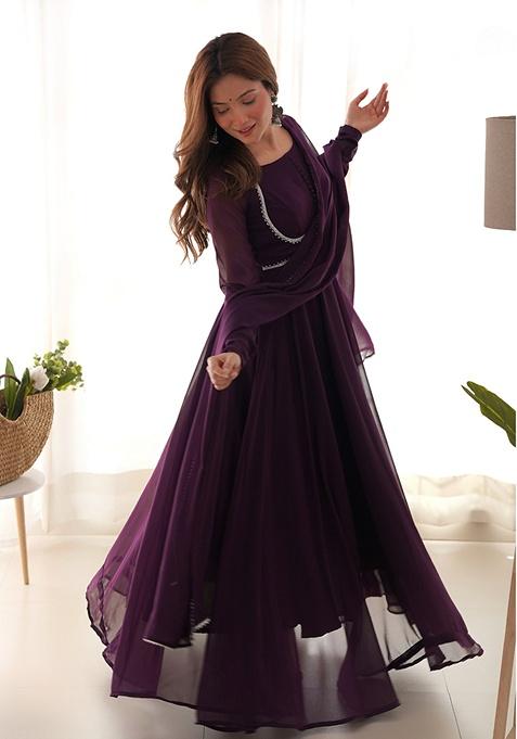 Wine Solid Faux Georgette Kurta Set