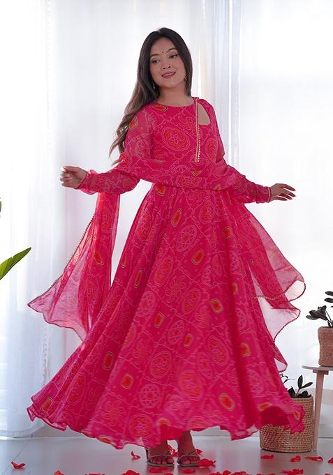 Pink Bandhej Print Chiffon Kurta Set