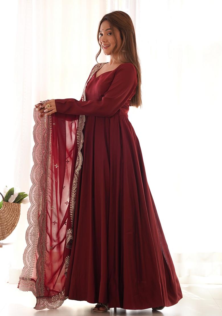 Maroon Chanderi Work Roman Silk Kurta Set