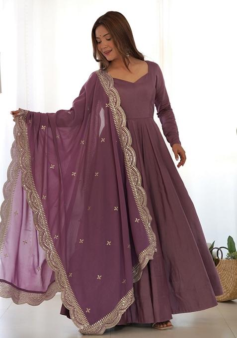 Mauve Chanderi Work Roman Silk Kurta Set