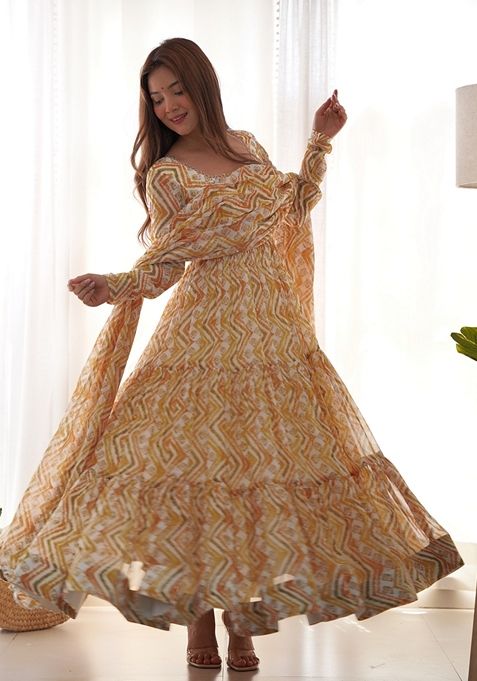 Light Yellow Printed Faux Georgette Kurta Set