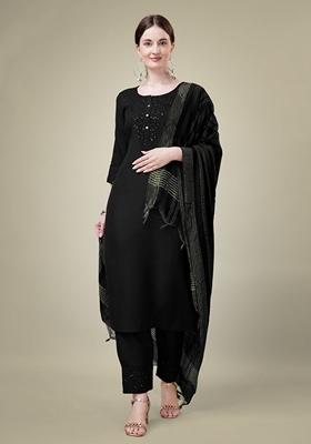 Black Embroidered Cotton Blend Kurta Set