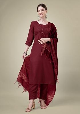 Maroon Embroidered Cotton Blend Kurta Set