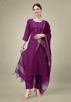 Purple Embroidered Cotton Blend Kurta Set