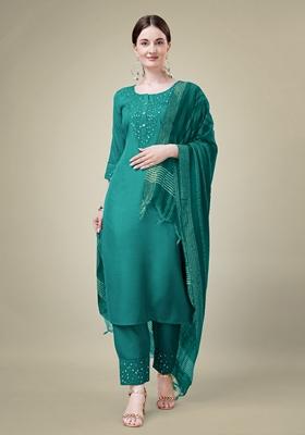 Rama Green Embroidered Cotton Blend Kurta Set