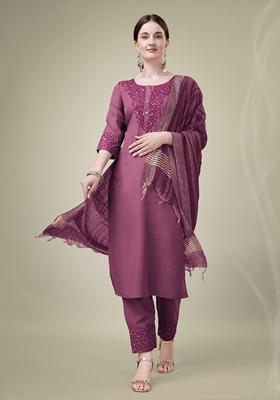Wine Embroidered Cotton Blend Kurta Set