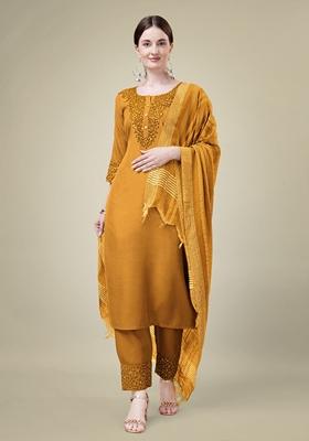 Yellow Embroidered Cotton Blend Kurta Set