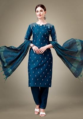 Morpich Blue Embroidered Cotton Blend Kurta Set