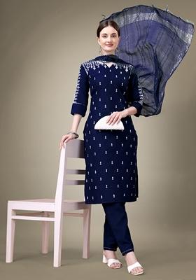 Navy Blue Embroidered Cotton Blend Kurta Set