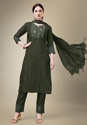 Dark Green Embroidered Cotton Blend Kurta Set