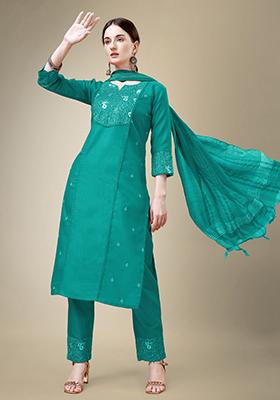 Rama Green Embroidered Cotton Blend Kurta Set