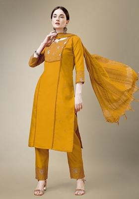 Yellow Embroidered Cotton Blend Kurta Set