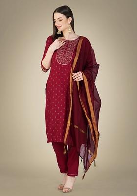 Maroon Embroidered Cotton Kurta Set