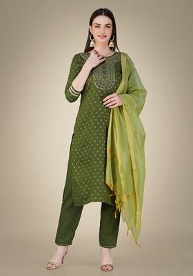 Mehendi Embroidered Cotton Kurta Set