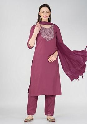 Wine Embroidered Cotton Blend Kurta Set