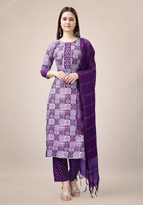 Purple Embroidered Rayon Kurta Set