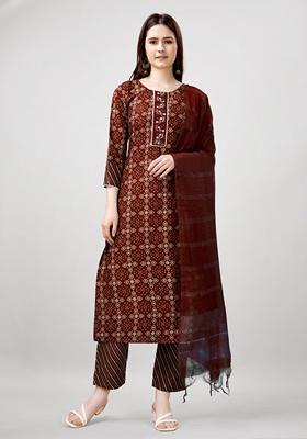 Maroon Embroidered Rayon Kurta Set
