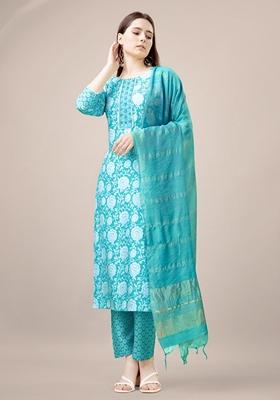 Sky Blue Embroidered Rayon Kurta Set