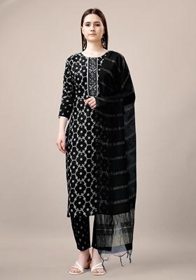 Black Embroidered Rayon Kurta Set