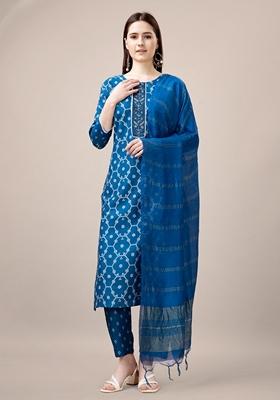 Blue Embroidered Rayon Kurta Set