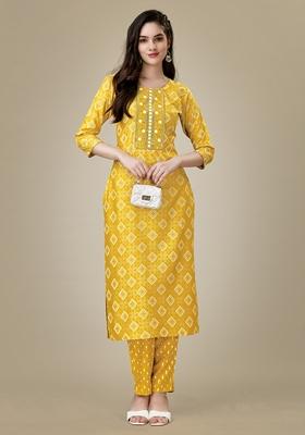 Yellow Embroidered Rayon Kurta Set