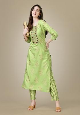 Parrot Green Embroidered Rayon Kurta Set