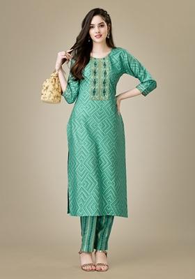 Pista Green Embroidered Rayon Kurta Set