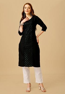 Black Embroidered Cotton Kurta Set