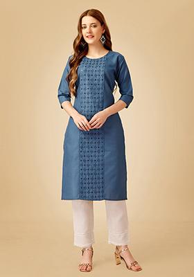 Denim Blue Embroidered Cotton Kurta Set