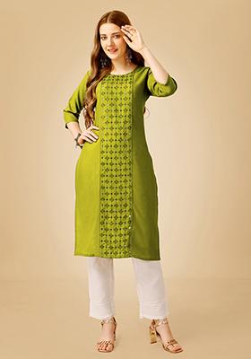Parrot Green Embroidered Cotton Kurta Set