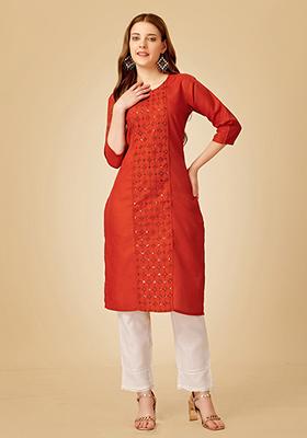 Rust Brown Embroidered Cotton Kurta Set