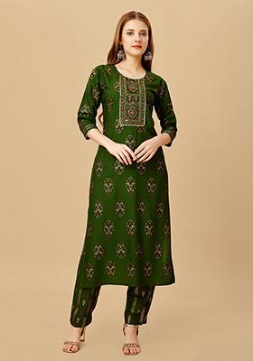 Green Embroidered Rayon Kurta Set