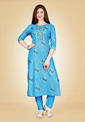 Sky Blue Embroidered Rayon Kurta Set